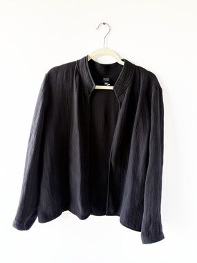 Eileen Fisher Silk Blend Textured Open Collarless Jacket Black L Large Work